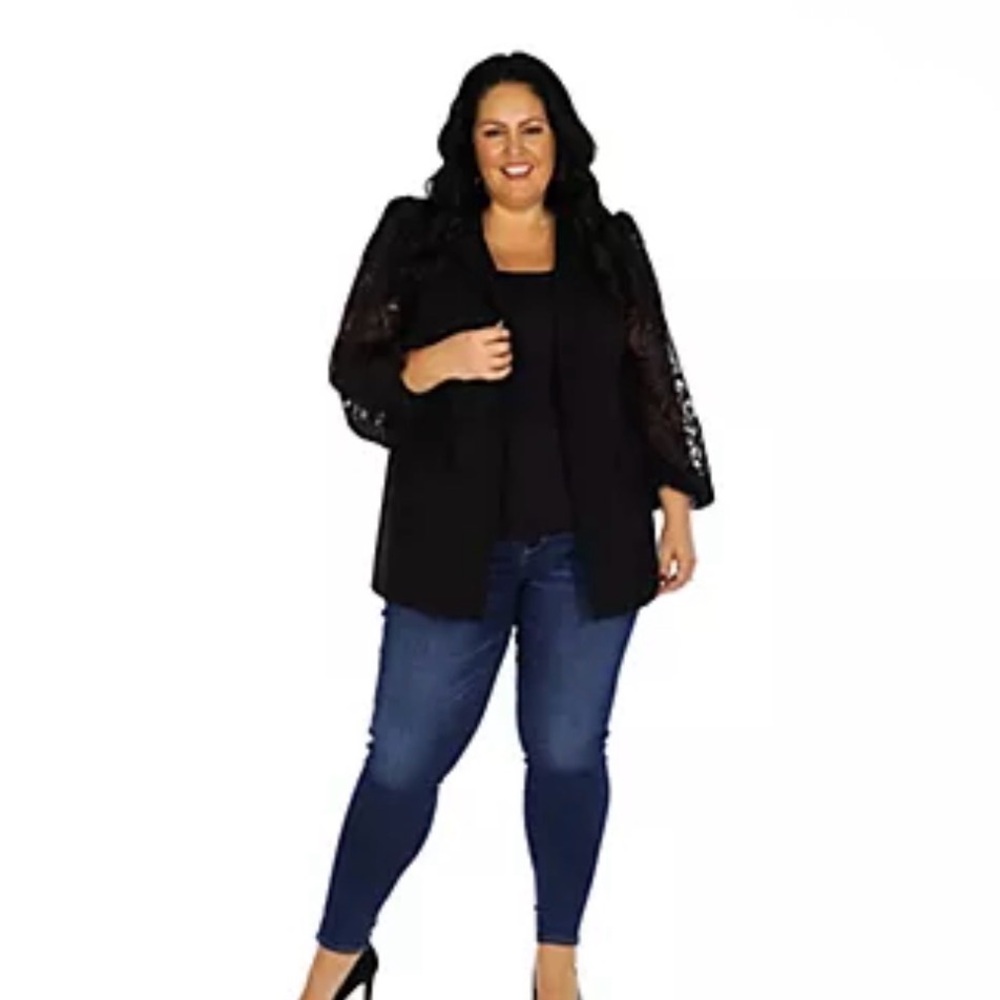 Dennis Basso Regular Ponte Knit Blazer with Lace Sleeves NWT-16 - Picture 2 of 14